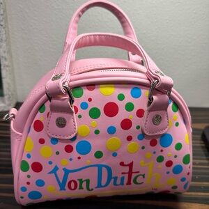 Rare Von Dutch Pink multicolor polkadot Bowling Bag